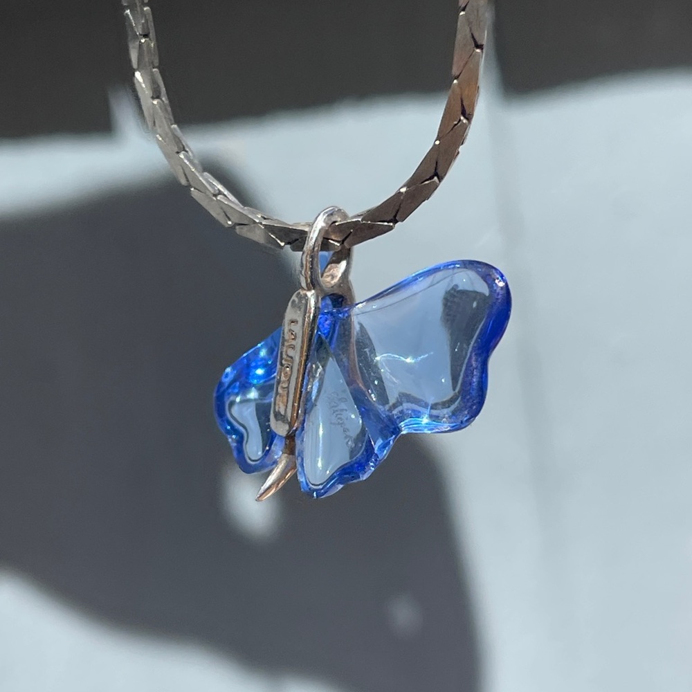 LALIQUE Papillons Butterfly Crystal Necklace blue pendant Sterling silver used - Picture 7 of 13